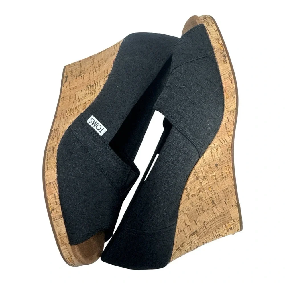TOMS Black Cork Wedge Sandals Peep Toe Platform Slip On Heels Size 9.5M